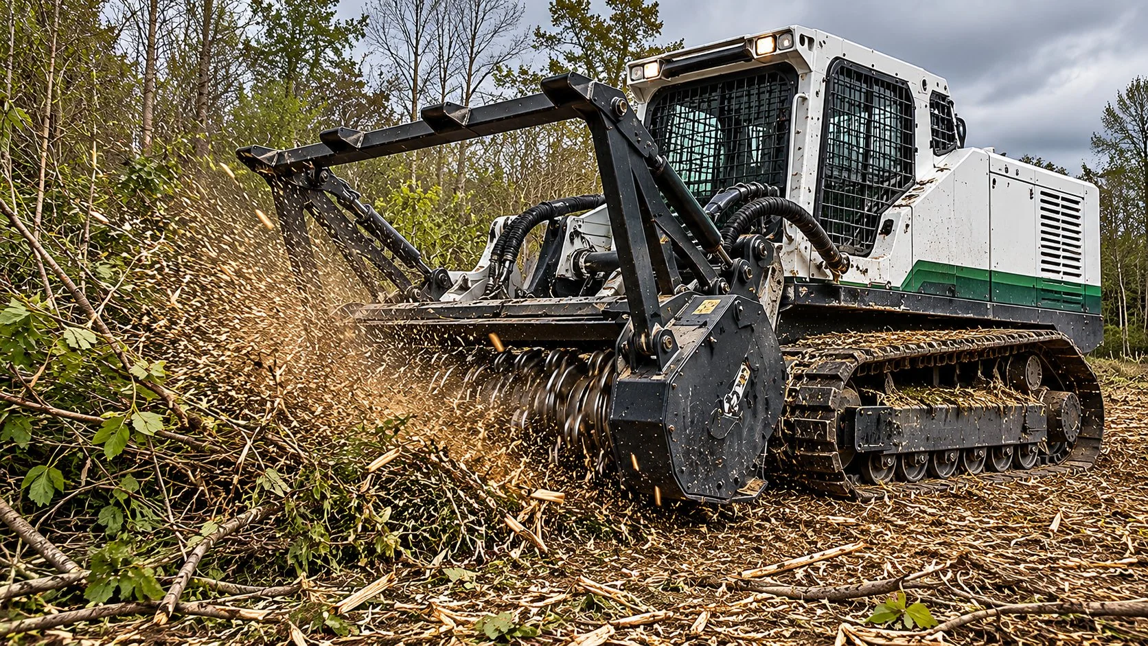 Forestry mulcher cutting head actively grinding brush and trees in Central Ohio woodland