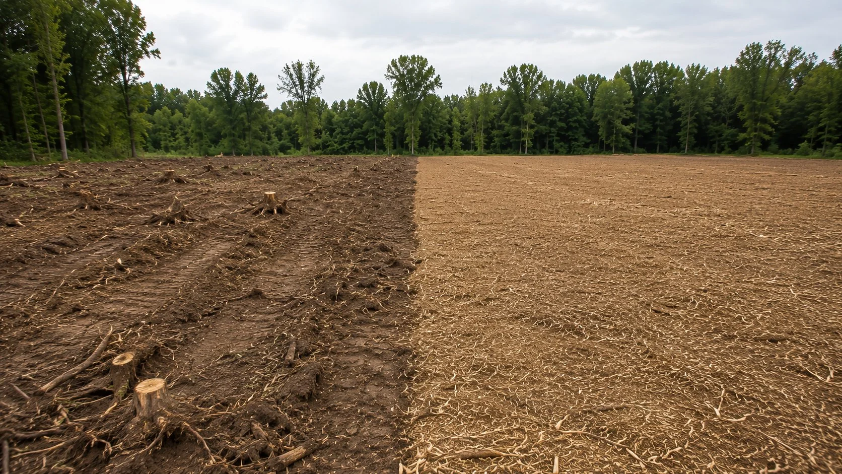 Side by side comparison of bulldozer clearing versus forestry mulching result on Ohio property