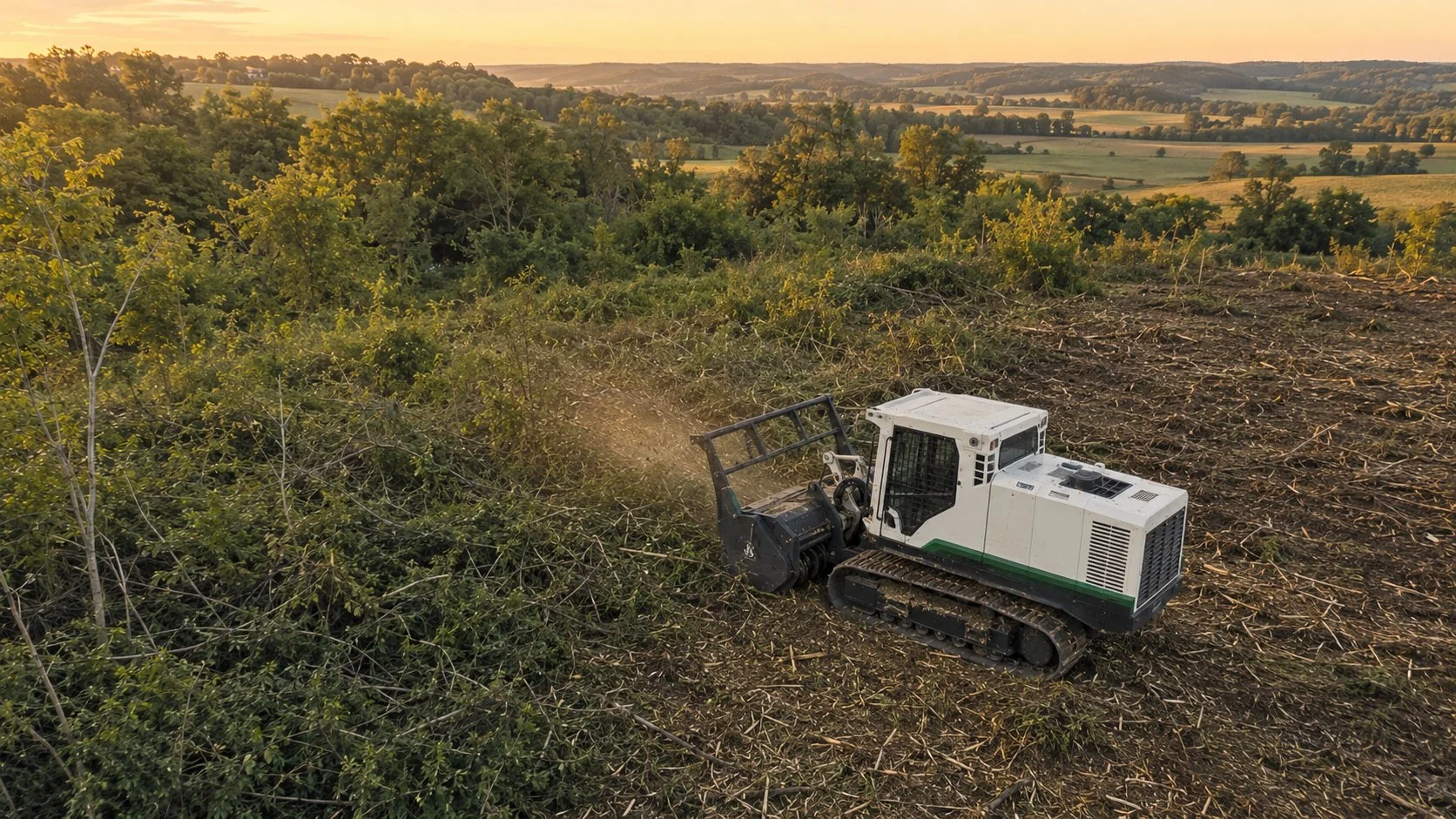 Forestry mulcher clearing land on a Central Ohio property at golden hour